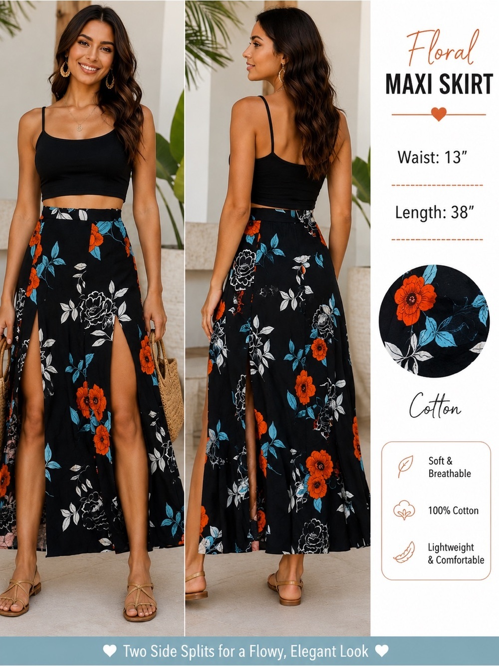 Forever 21 small Floral Maxi Skirt - Black with Orange & Blue Flowers